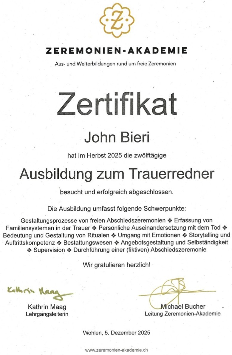 John Bieri, Trauerredner mit Zertifikat